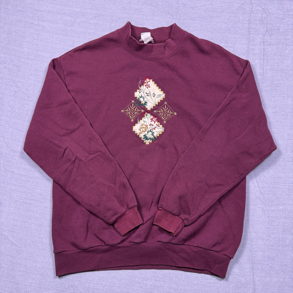 CHIC Womens Mock Neck Sweatshirt Burgundy Floral Embroidered Pullover Top Large
